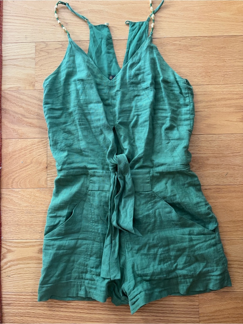 Vix Paula hermanny green romper cover up linen with tie at waist.